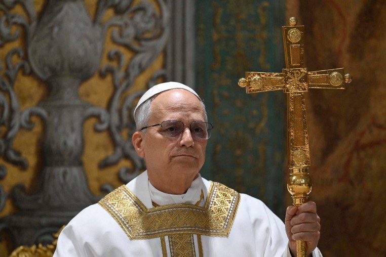 Pope Leo XIV during a Mass with cardinals in the Sistine Chapel on May 9, 2025.